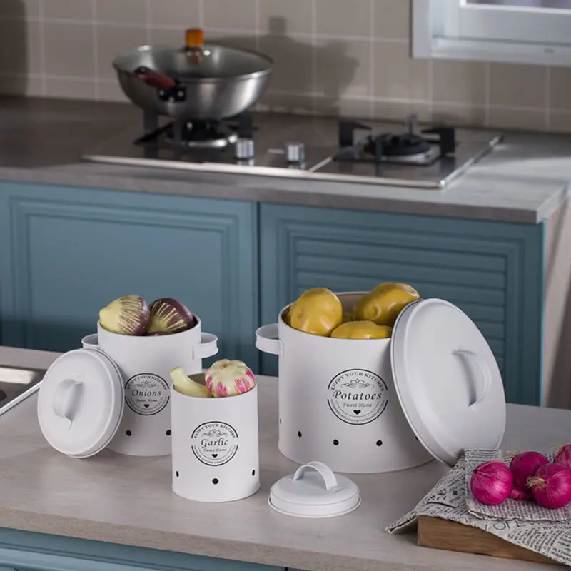 Farmhouse Round Metal Vegetable Bin Kitchen Potatoes Onion Garlic Storage Box kitchen garlic potato onion keeper Container