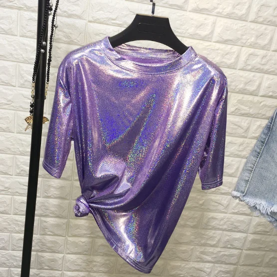 
low MOQ plain women glitter t shirt fashion for sale 