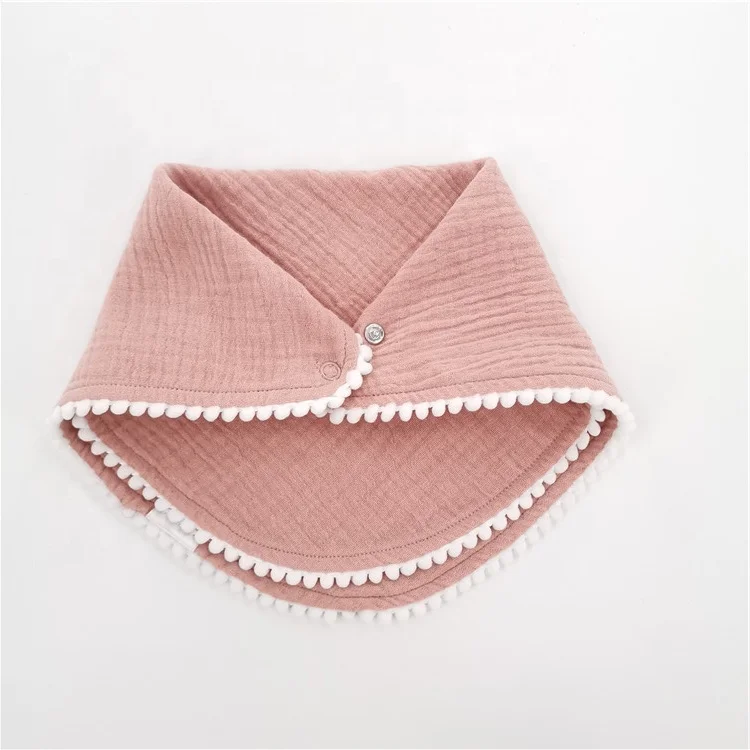 Wholesale Woven Muslin Plain Pom Trim Baby Bibs Organic Cotton