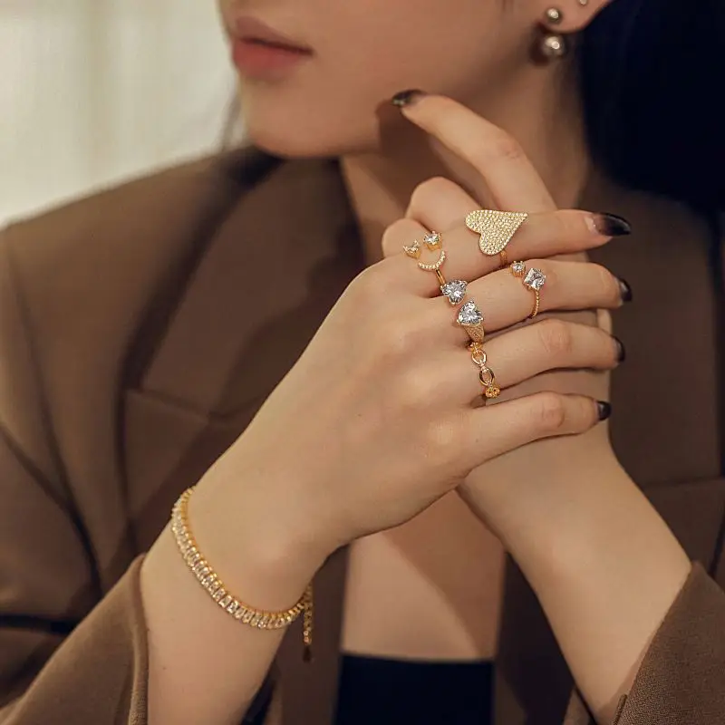 Dylam 2022 Instagram Hot Selling Stacking 925 Sterling Silver Jewelry Open Heart Star Simile Face 5A Zircon Adjustable Rings