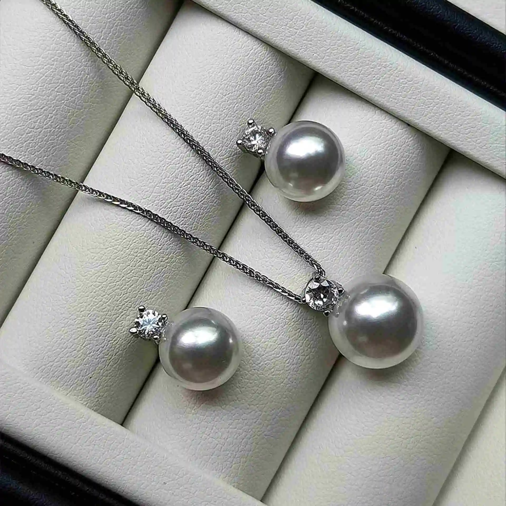 S925 sterling silver princess set 9-10 mm freshwater pearl necklace earring set classic jewelry