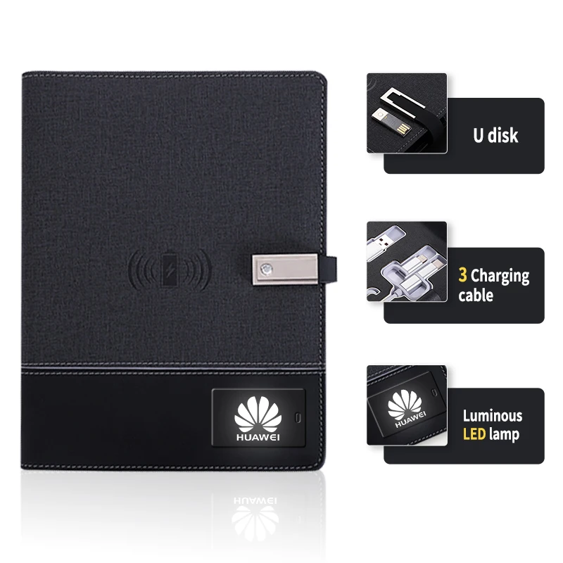 Custom LED Light Logo Diary Planner with Flash Drive Wireless Phone Charger A5 Powerbank Notebook for Corporate Gift