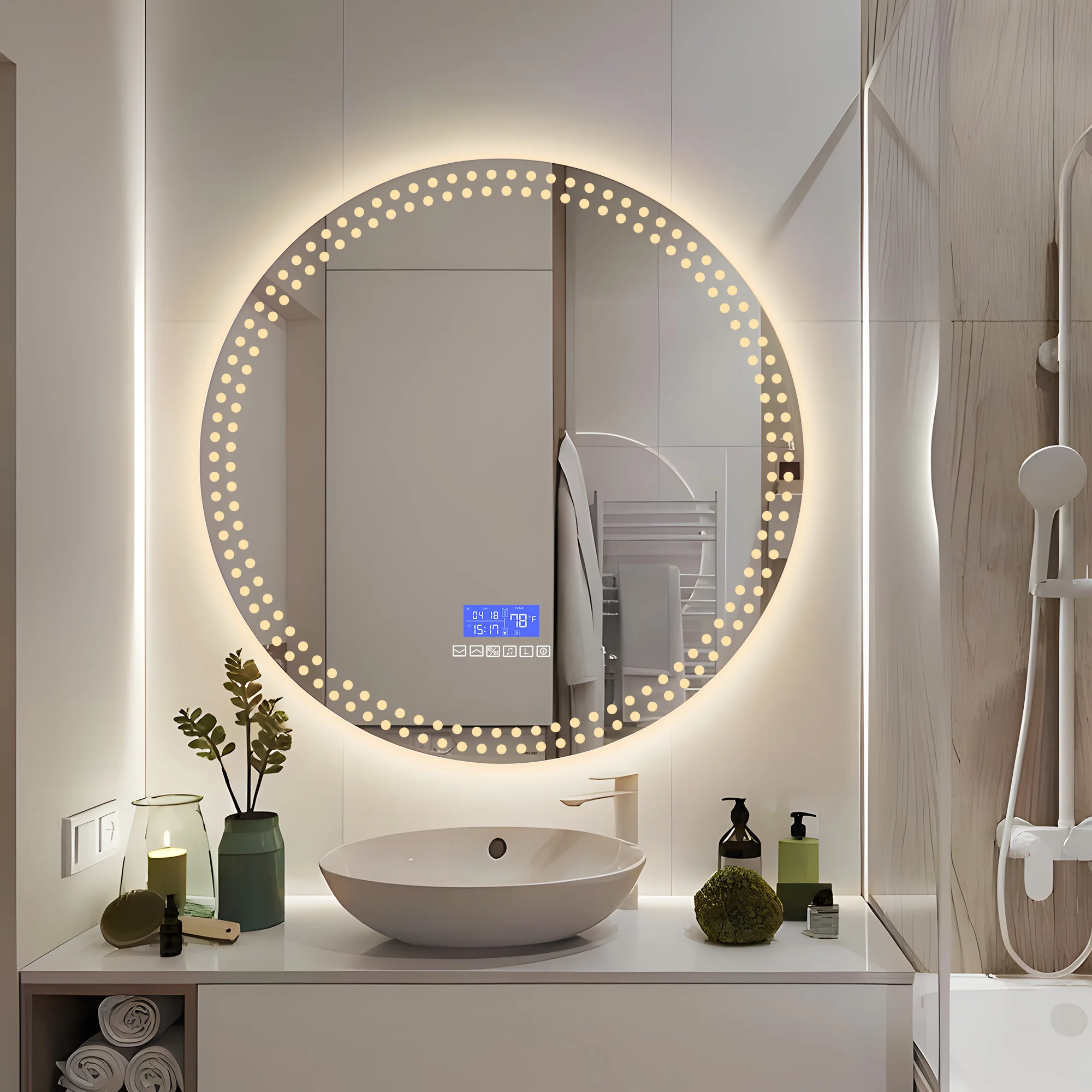 Round LED smart LED lighted bathroom mirror with radio Bluetooth