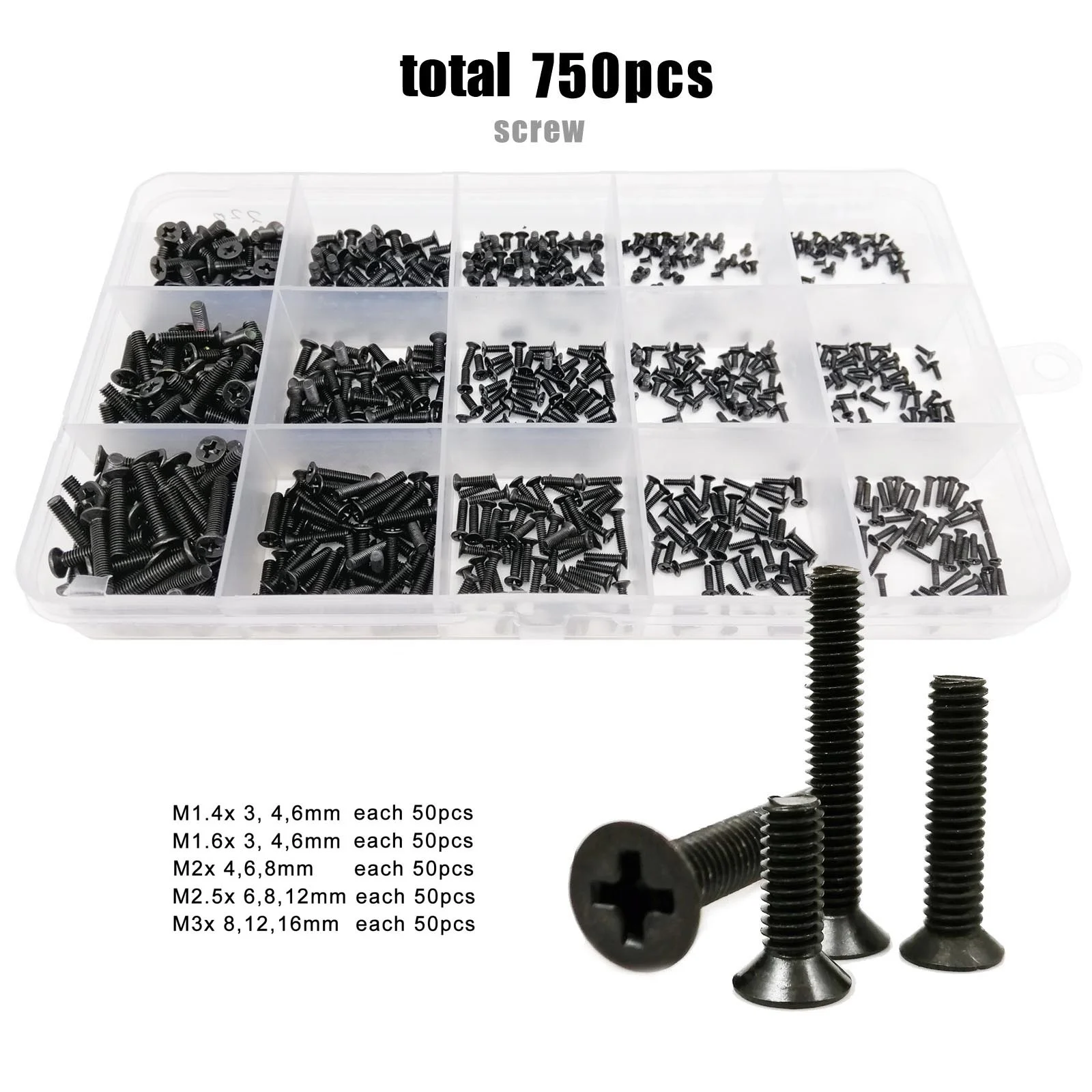 750pcs/box M1.4 M1.6 M2 M2.5 M3 Black Mix Sizes Assortment Kit Set Small Micro Cross Phillips Flat Countersunk Head Bolt Screw