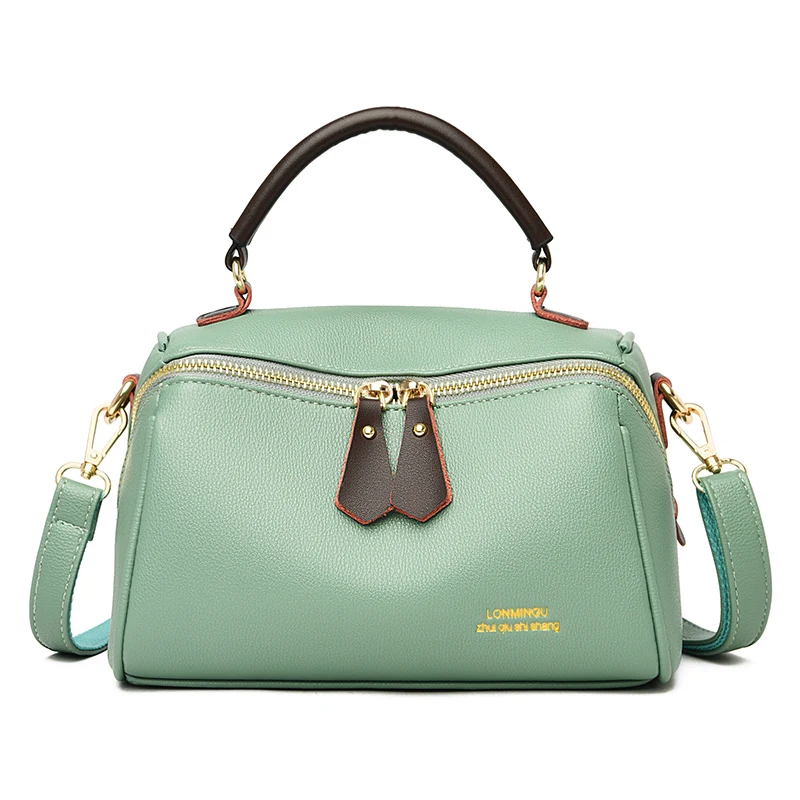 Fashion PU leather women crossbody bag boston handbag with two zipper Customized LOGO Barrel-shaped large capacity