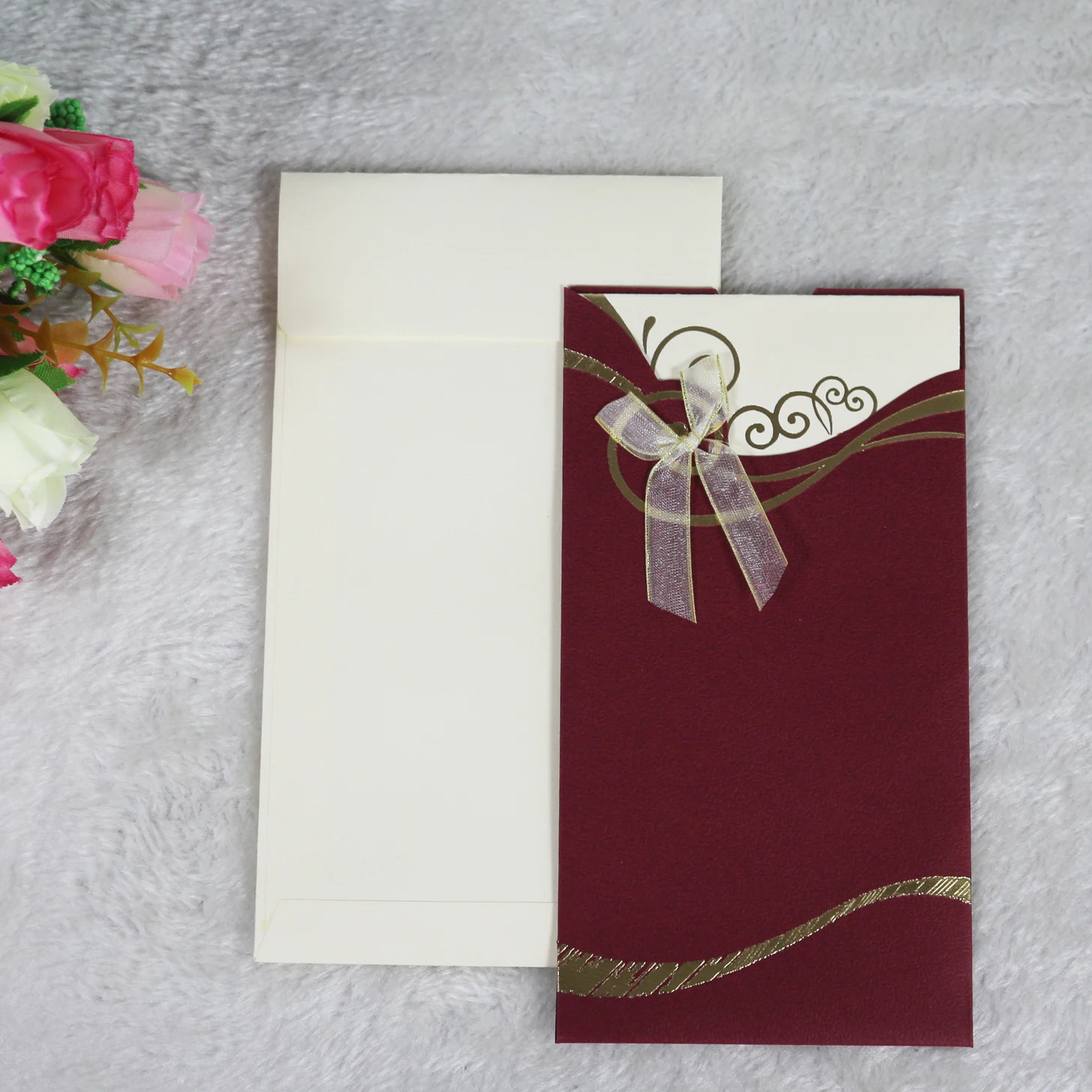 Wholesale Cheap Price Gold Foiling Wine Red Pocket African Vintage Wedding Invitation Set With Ribbon Bow