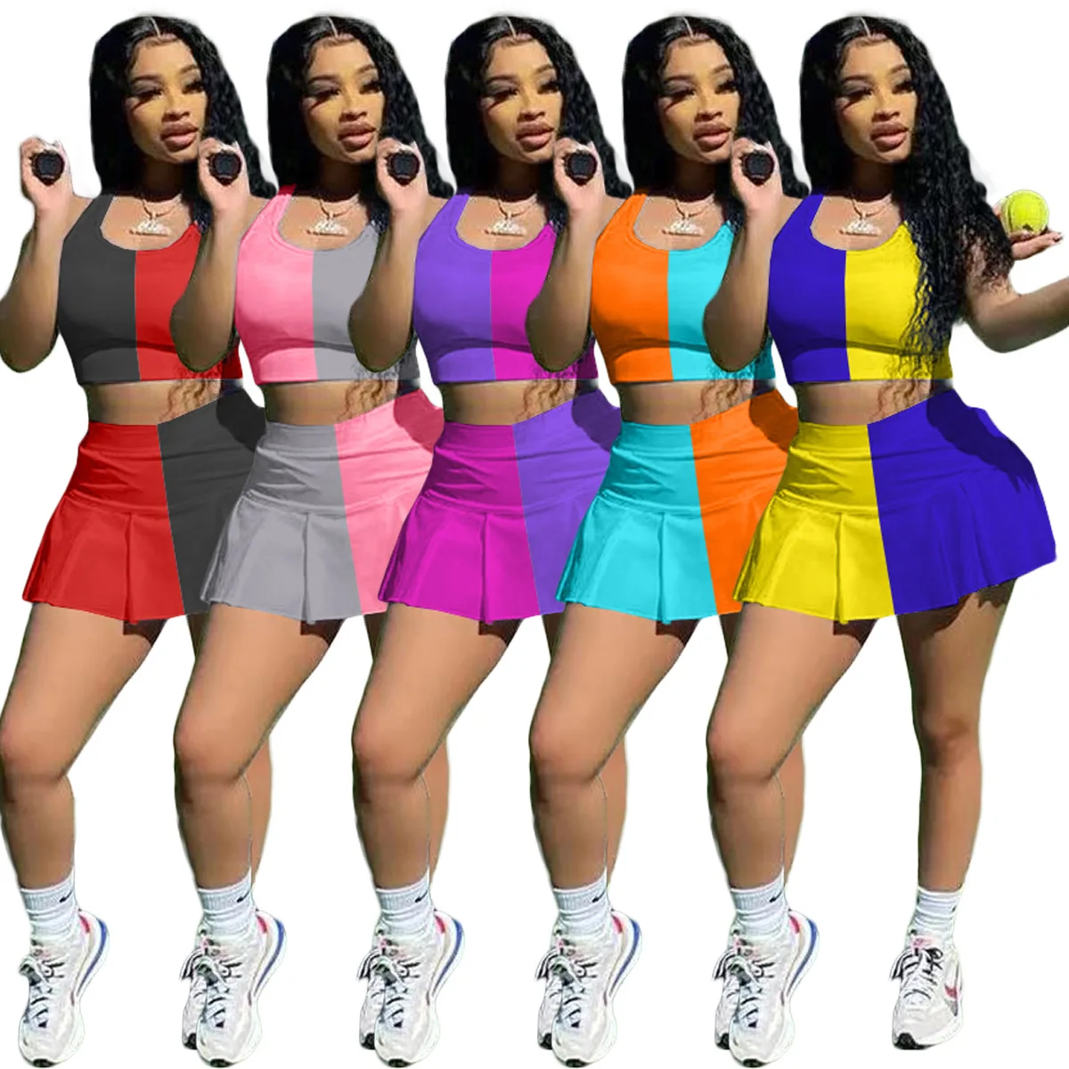 
AC8291 hot selling tank top short sport women 2 piece skirt set 