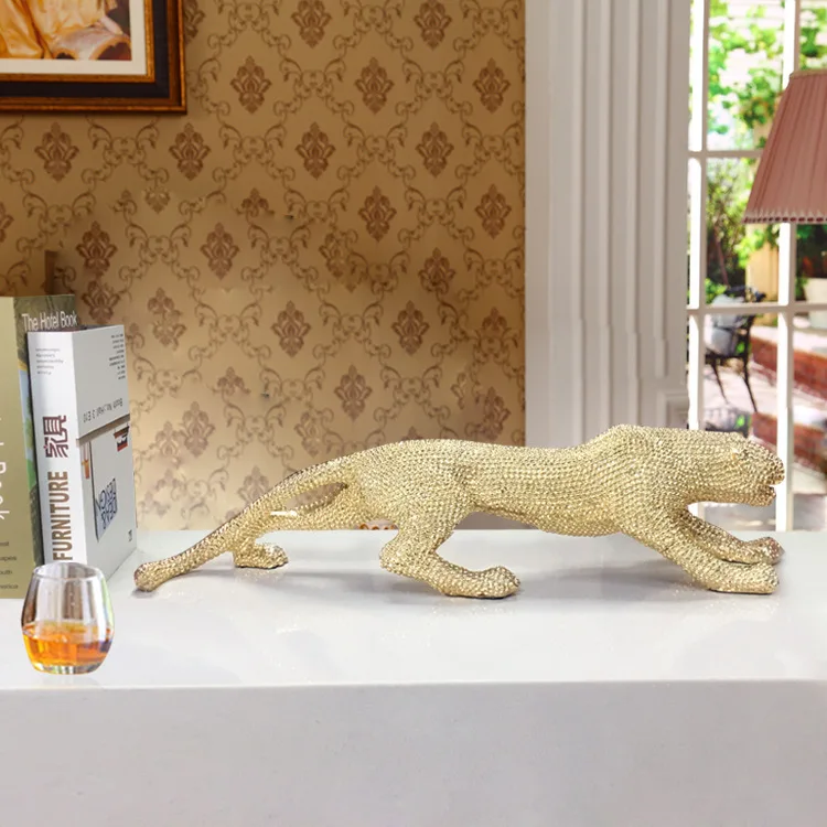 factory outlet  resin crafts diamond statue fiberglass home sculpture figurine resin gold leopard