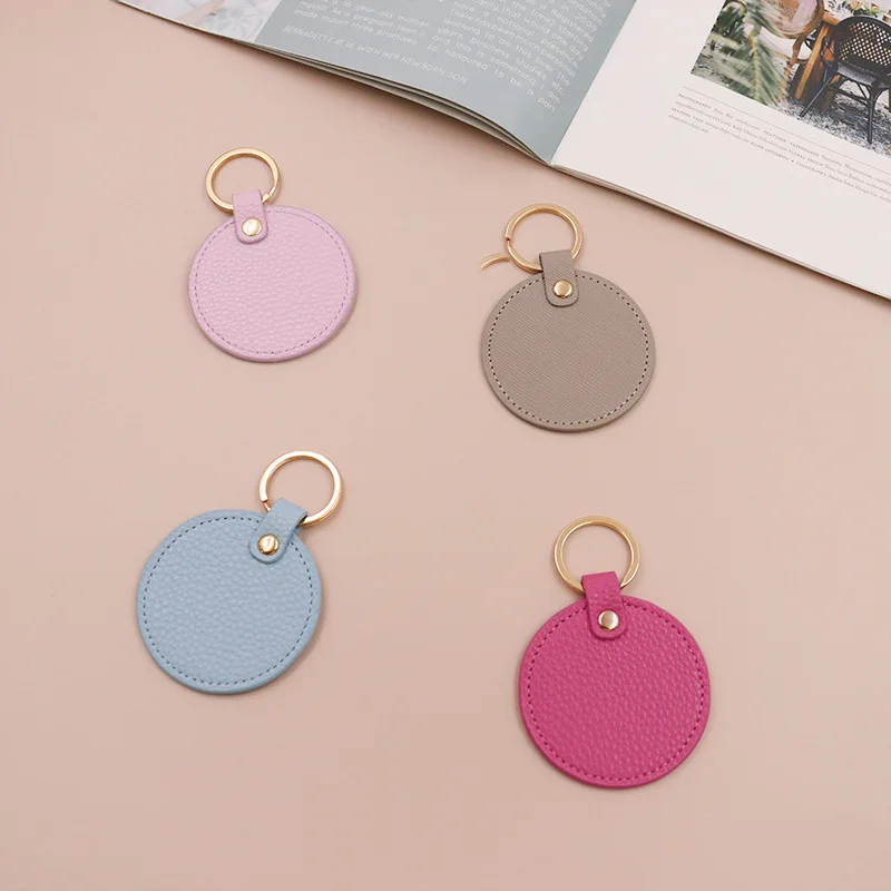 Colorful PU Leather Keychain Blanks Key Fob with Rings Round Key Tags Keychain Luggage Tag