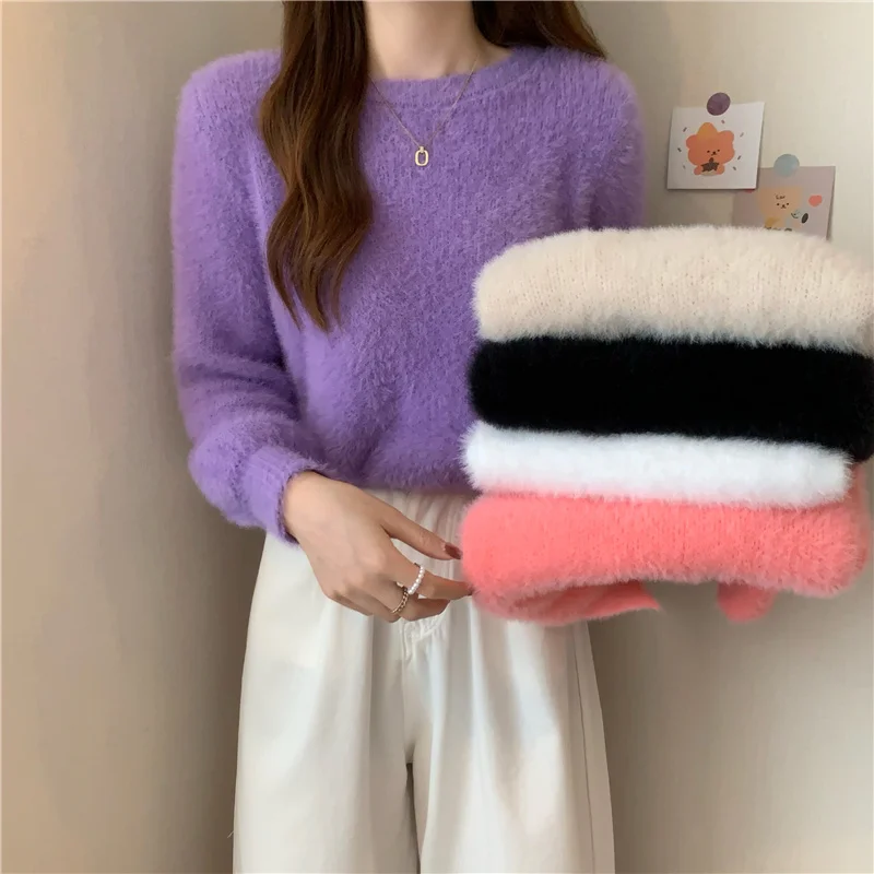 custom winter knit women crew neck solid color soft rabbit fuzzy angora sweater