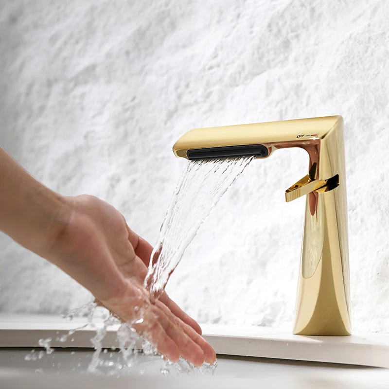 New design Hot Cold Faucet brushed gold bathroom mixer taps waterfall for hotel brass basin faucet