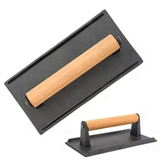 pre-seasoned heavy cast iron steak weight /meat press with wooden handle