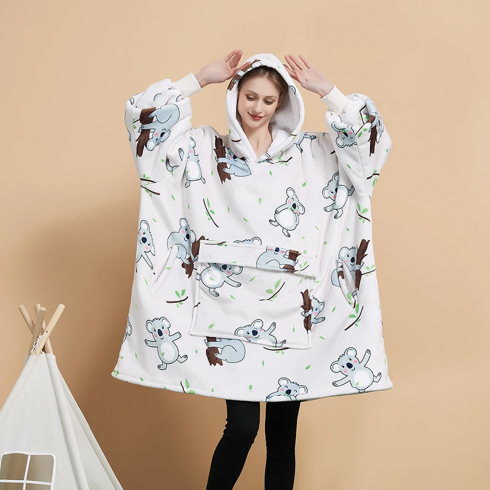 Promotional Cheap Assorted Sushi Dog Koala Christmas Designs Long Warm Thick 230gsm Soft Fleece Hoody Wearable Hoodie Blanket