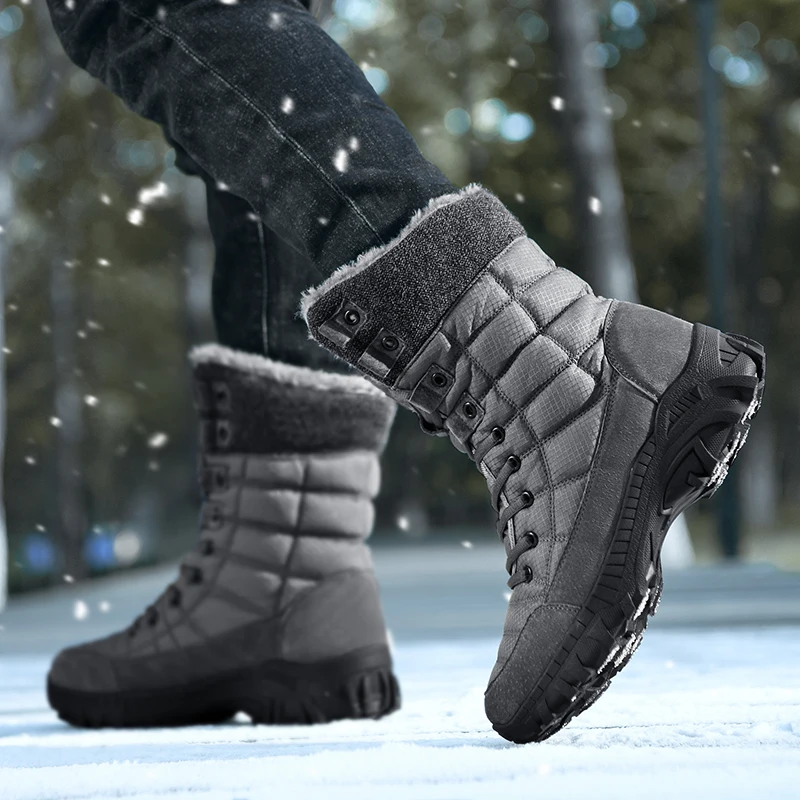 2023 Winter Warm Cotton Plush Leather Calf Boots Plus Size Waterproof Snow Rain Windproof Hiking Boots For Men