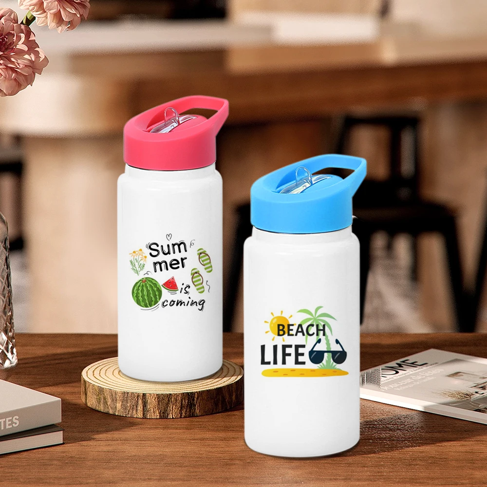 New 14OZ Kid Sippy Lid Straw Sublimation Blank Stainless Steel Water Bottle Vacuum Flask with Colorful Handle Lid