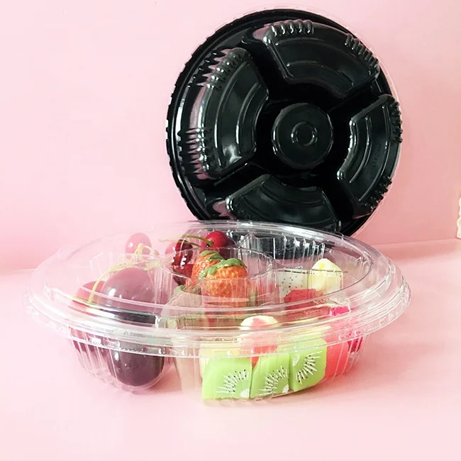 Container Box for PET Vegetables Tray with Lid Transparent Food Plastic Wholesale Disposable Round 5 Compartments OEM Blister