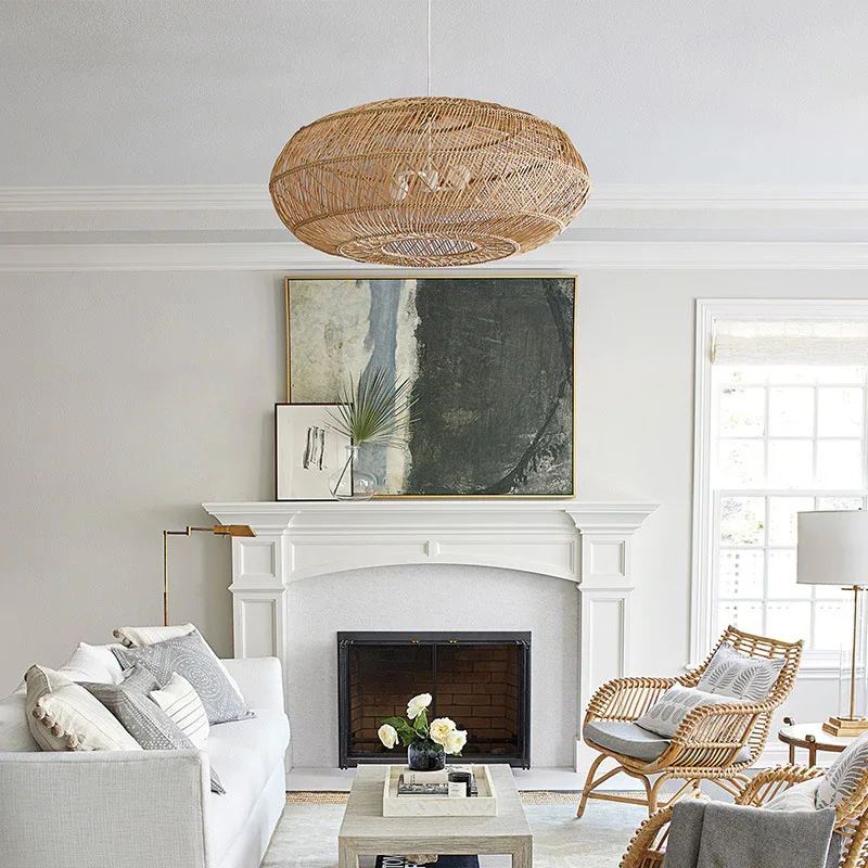 Hand Woven Hanging Ceiling Lamp Shade Wicker Round Chandelier Woven rattan chandelier