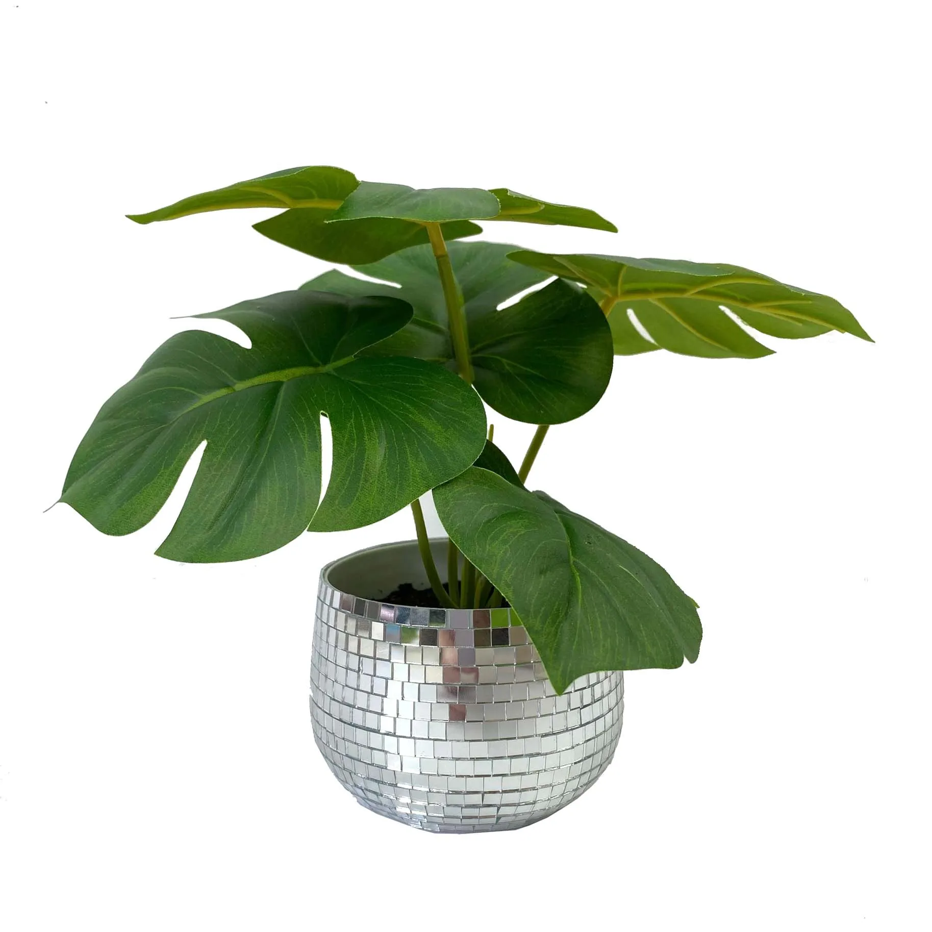Simulation Turtle Leaf with Disco Ball Pot Fake Monstera Plants Green Small Artificial Potted Plant for Home
