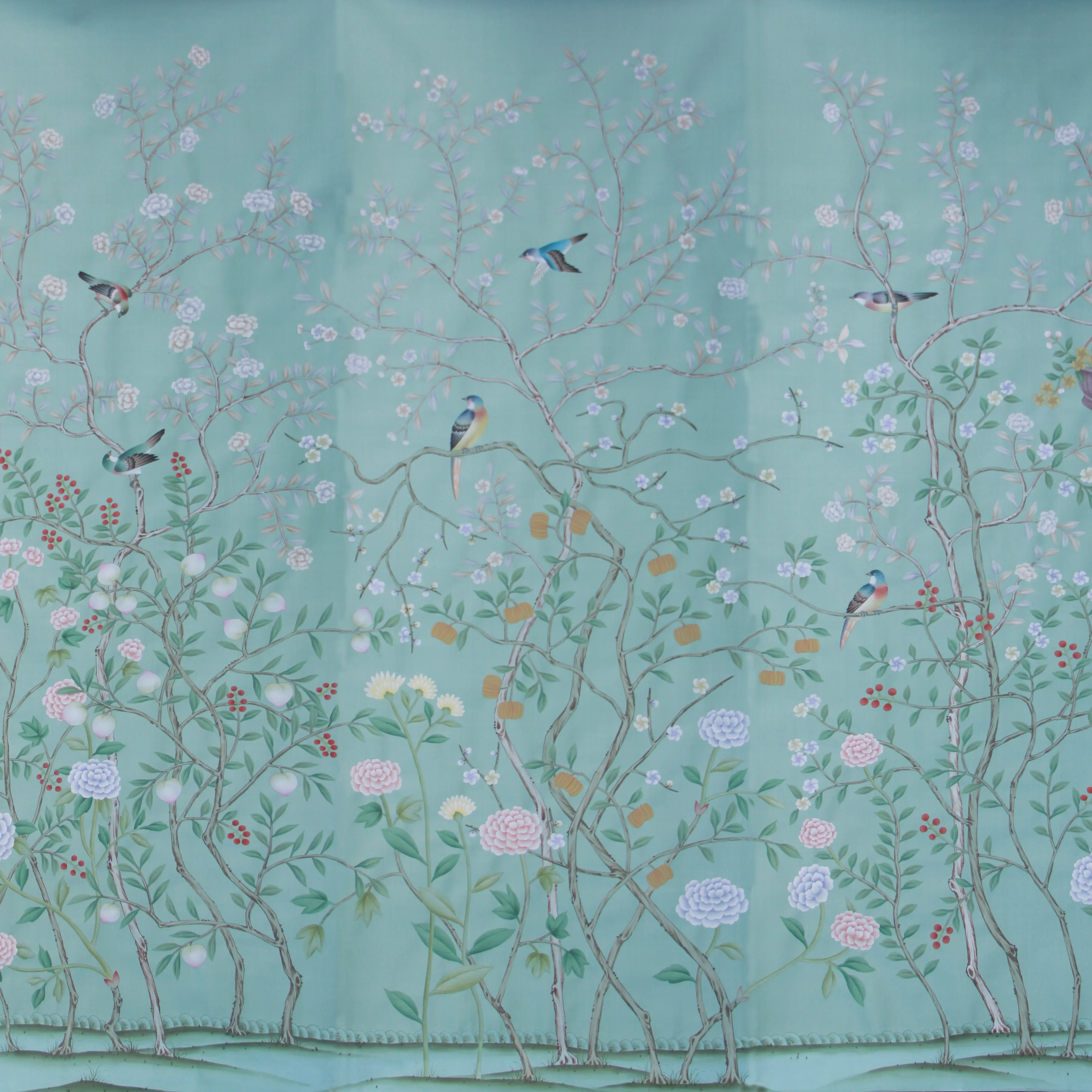 Luxury Interior Wall Decor Floral Long Tail Bird Design Silk Chinoiserie Handpainted Wallpaper