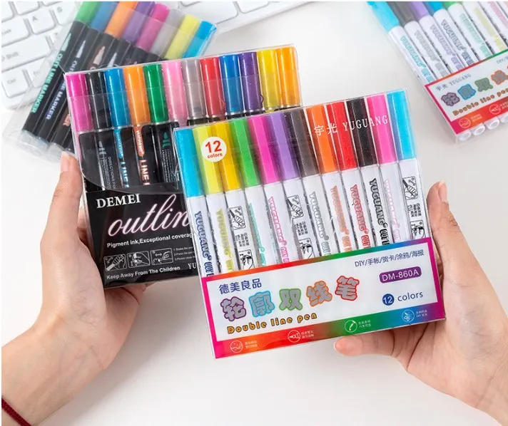 Double Line Pen,  8/12 Dream Color Outline White Handle Pens Highlight Markers Gift Cards Drawing Writing Pens