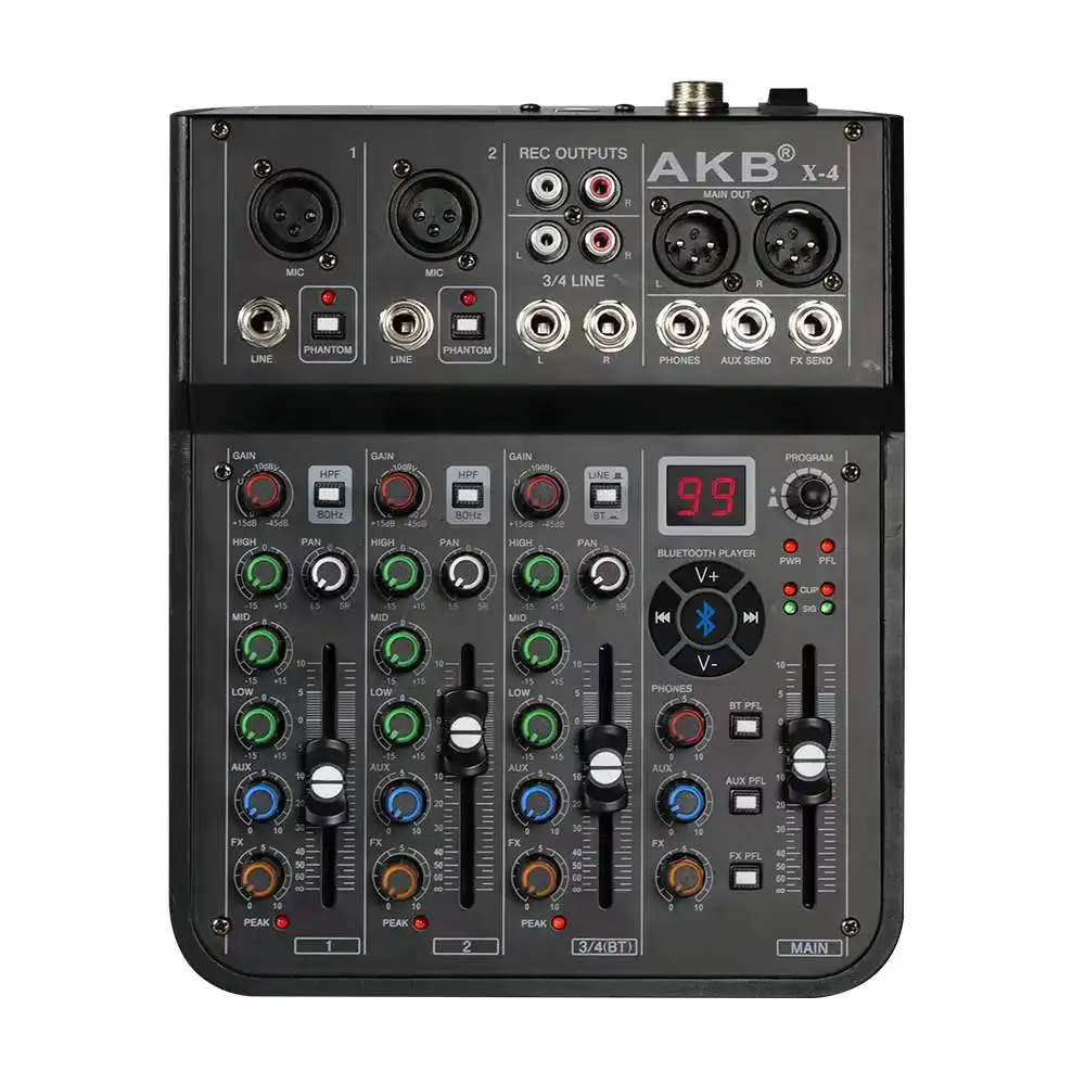 X-4 Multifunctional Portable 4 Channels Audio Mixer BT USB Mixing Console with Sound Card