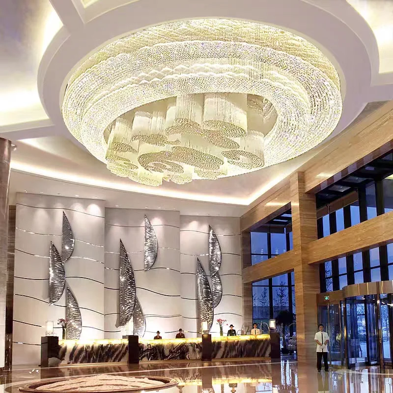 Lobby Ceiling Crystal Lighting Fixtures Chandeliers Luxury Contemporary Reception Room Banquet Hall Smooth Running Large Hotel