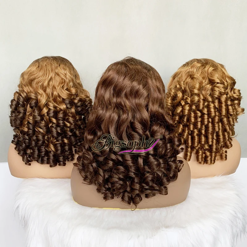 Spring Curly Human Raw Hair Cheaper Supplier 13X4 Frontal Lace 18inches Spring Curl 3 Tone Color Wig For Woman