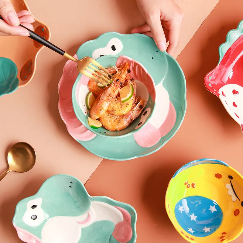 ZC OEM Colorful bowls creative personality Ceramic Tableware cute dinosaur fruit bowls Children dishes set plates dinnerware