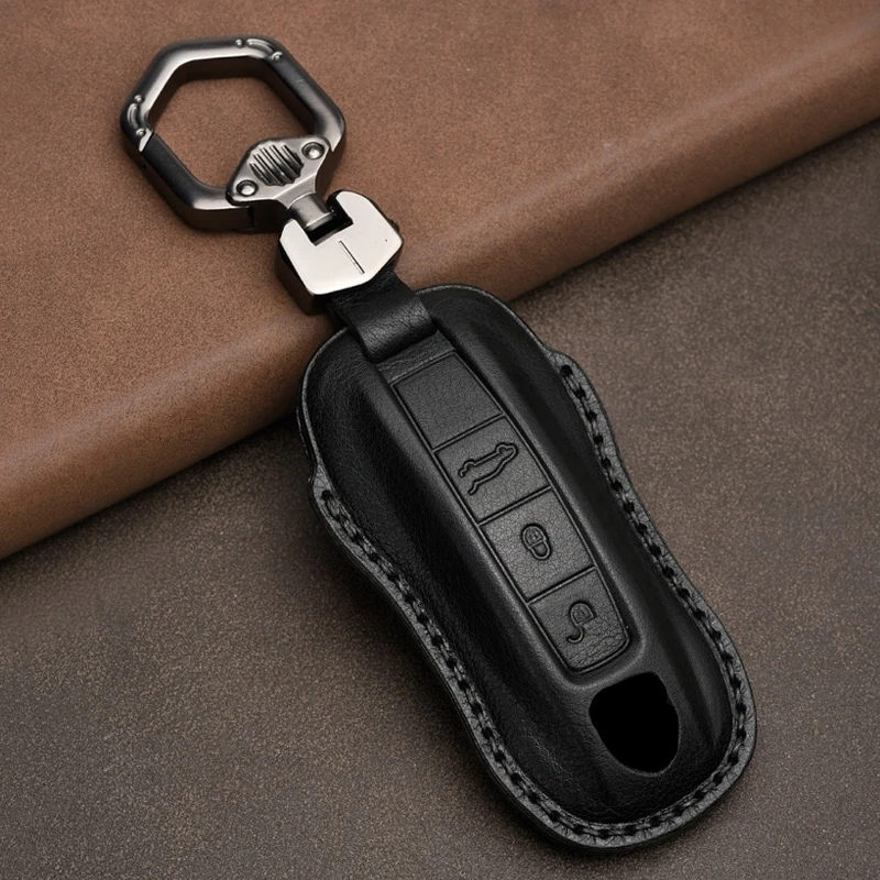 Leather Car Key Case Cover Porsche 971 Panamera Cayenne 911 9YA Macan Boxster 3 Buttons Keyless Remote Made Silicon Zinc Alloy