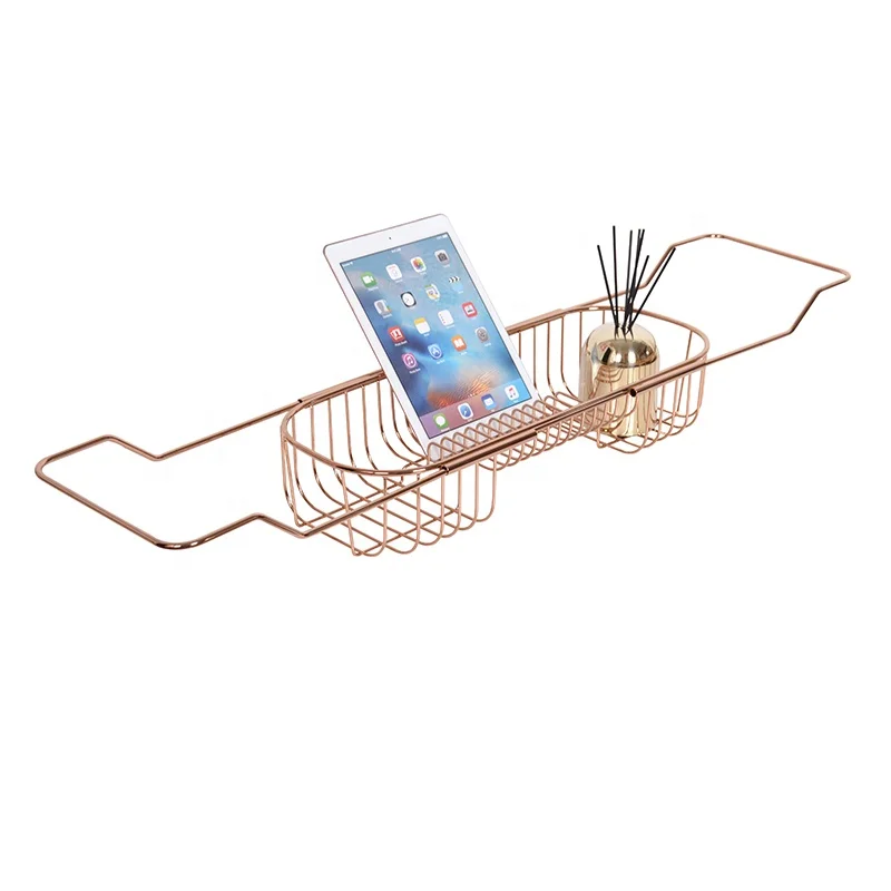 European Style Metal Chrome Extendable Bathtub Caddy Rose Gold Bathtub Trays for Tub Steel