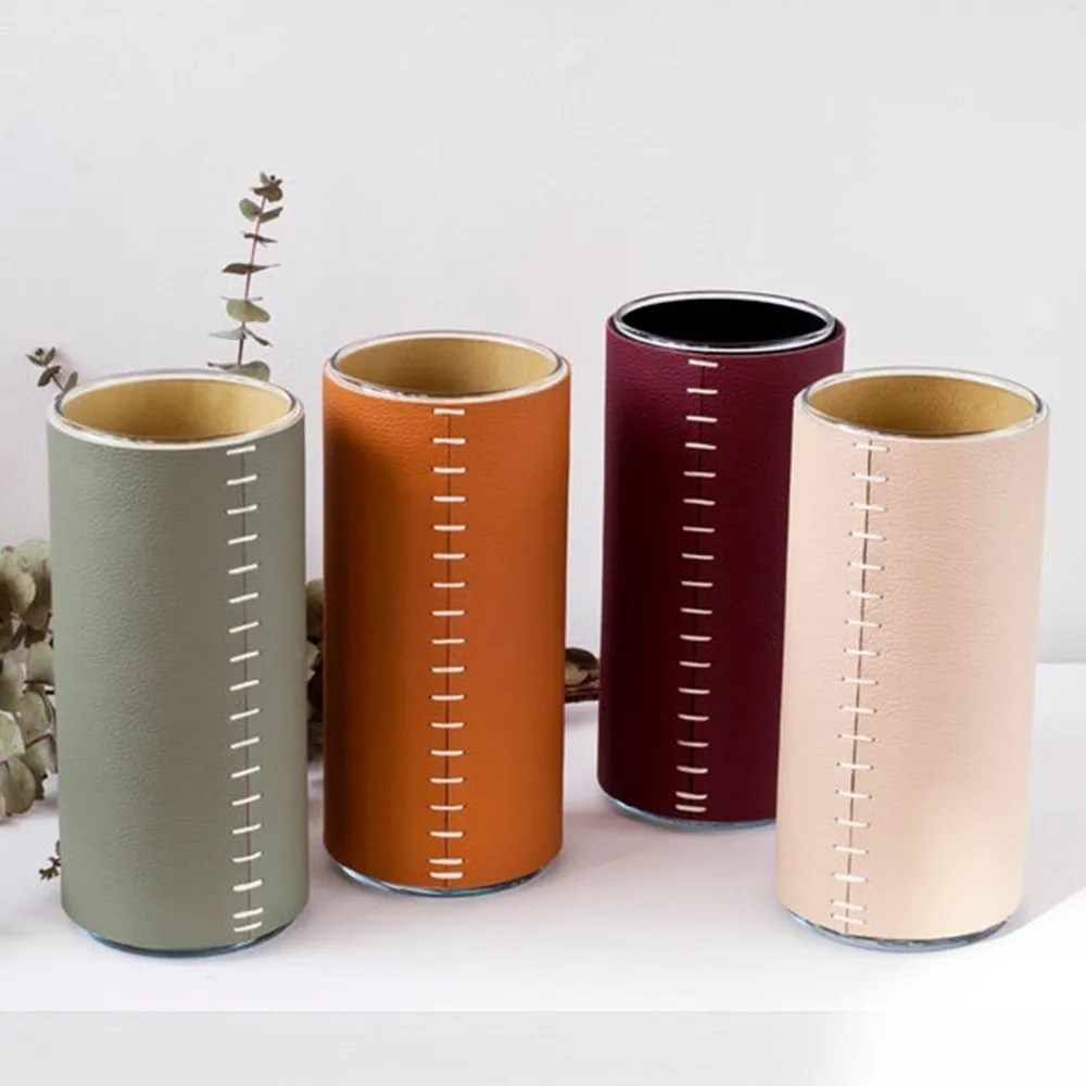Amazon selling PU Leather Flower Vase Decorative Fresh Flower Container Wrapped Flower Vase for Home Decor