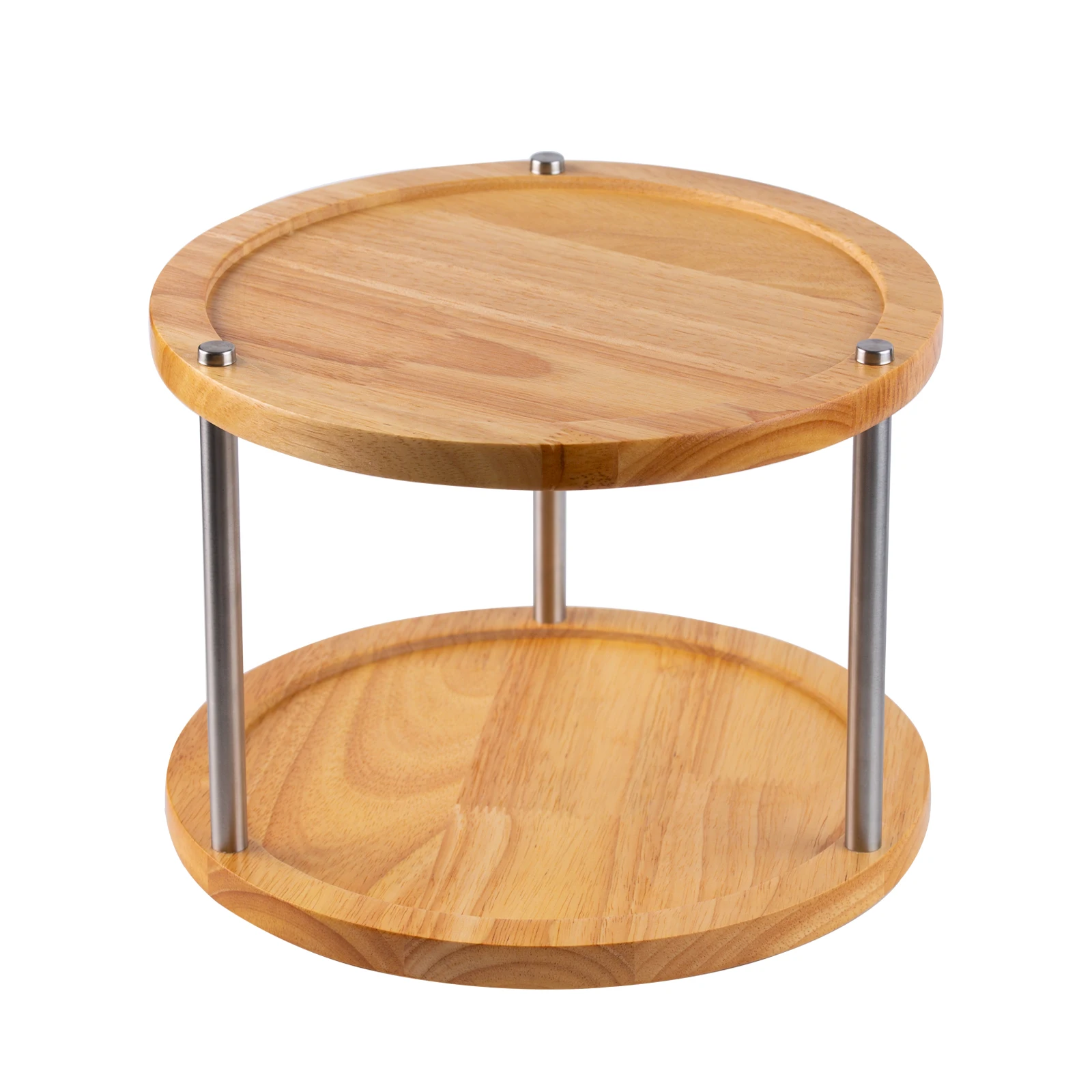 XH 2 tier rotating kitchen wood lazy susan turntable for cabinet, 2 tier lazy susan with stainsteeless rods