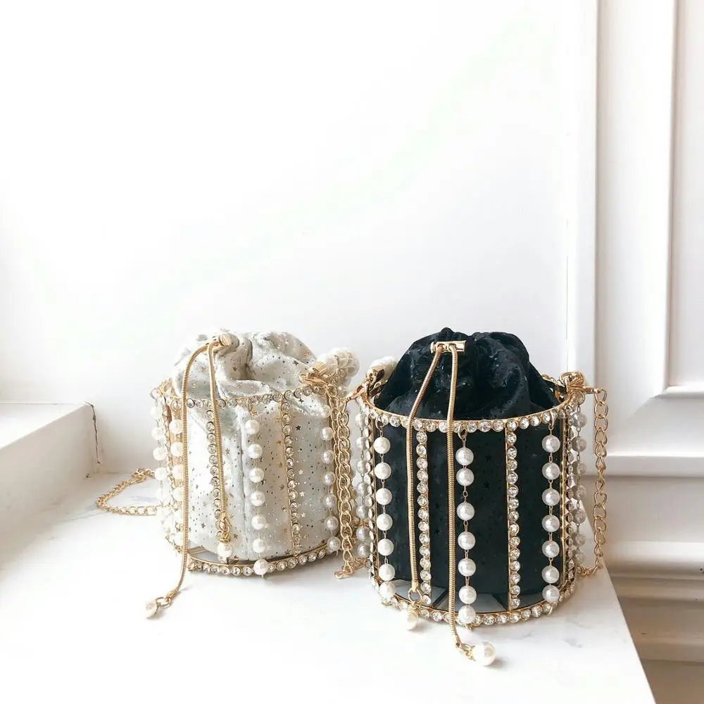 
New Various Alloy Style Bags Fashion Tassel Pearl Rhinestone Decoration Shoulder Messenger Bag Woven Shell Sequins Dinner Bag 