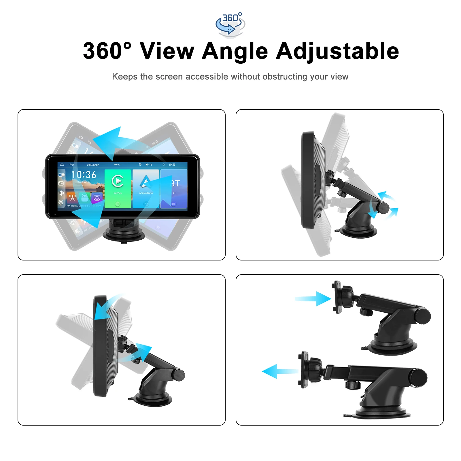 Podofo Portable Wireless Carplay/Android Auto 6.86 Inch HD Screen Car Monitor AirPlay Android Cast BT Music FM Transmitter