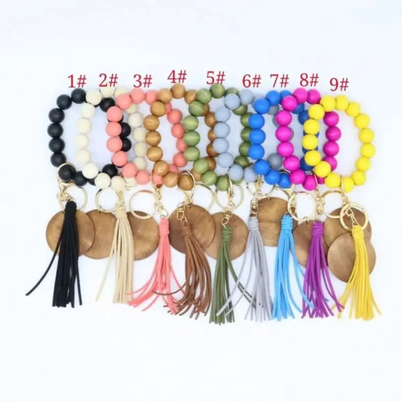Top sale Style Multi-Occasion Pendant Velvet Tassel Pendant DIY Wood Disc Elastic Cord Bracelet Keychain Accessories Multicolor