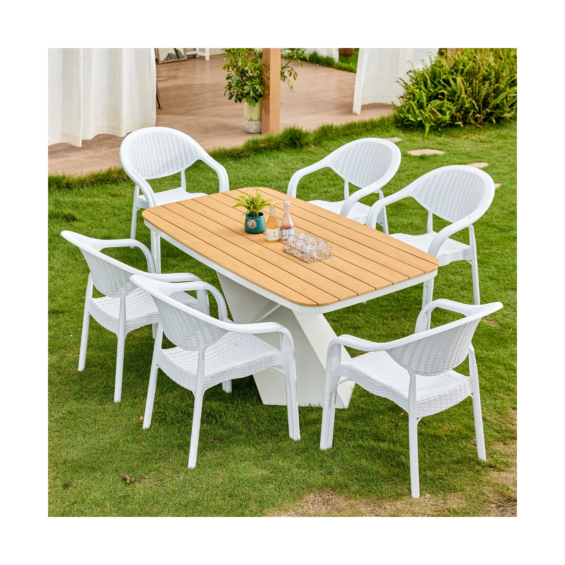 NEW commercial plastic restaurant furniture white stackable pp Rattan plastic chairs and table dining set for outdoor Garden