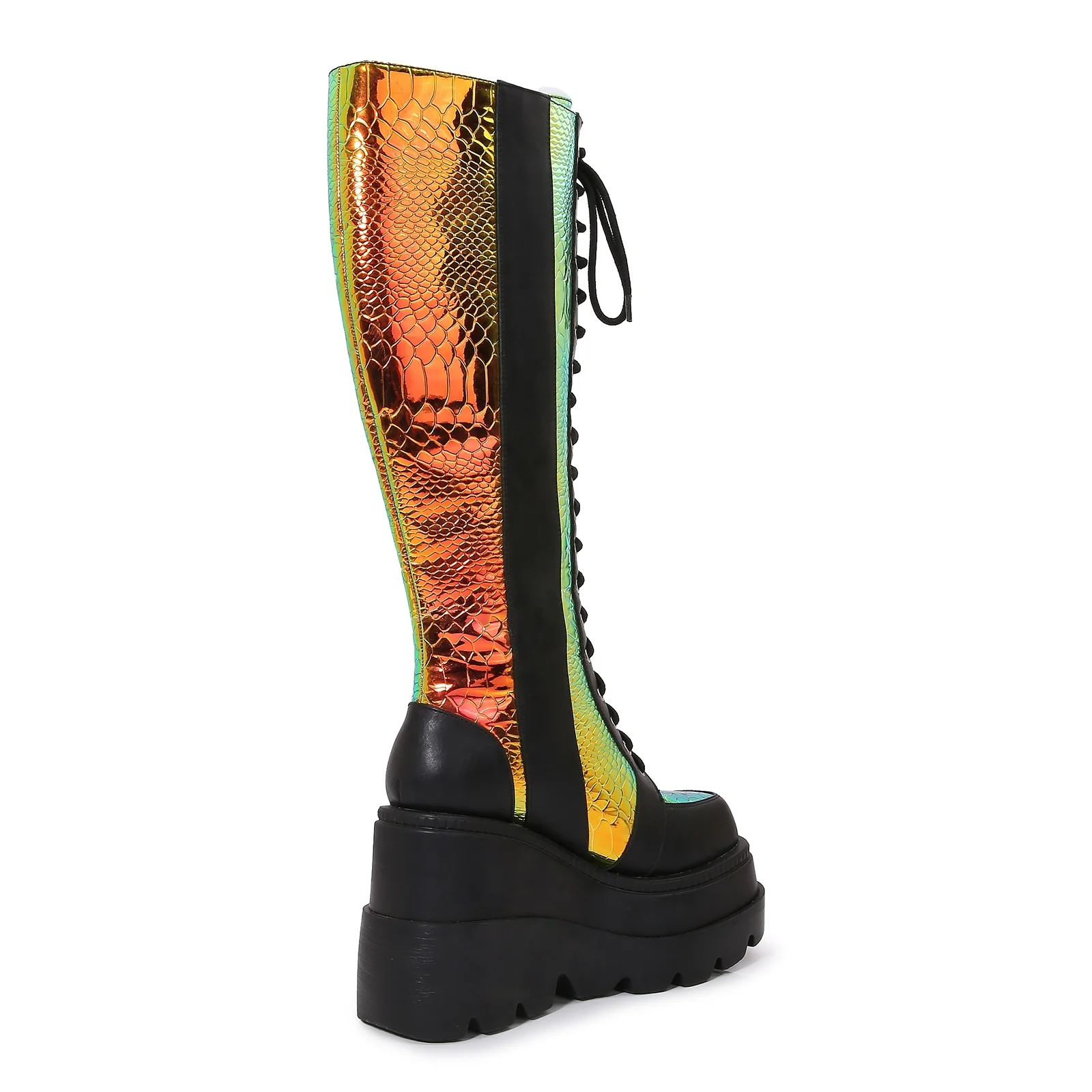 Chukka Boots Lacer Reflective Snake Material Thick Sole Women Tall Chukka Long Boots for Women With Heels