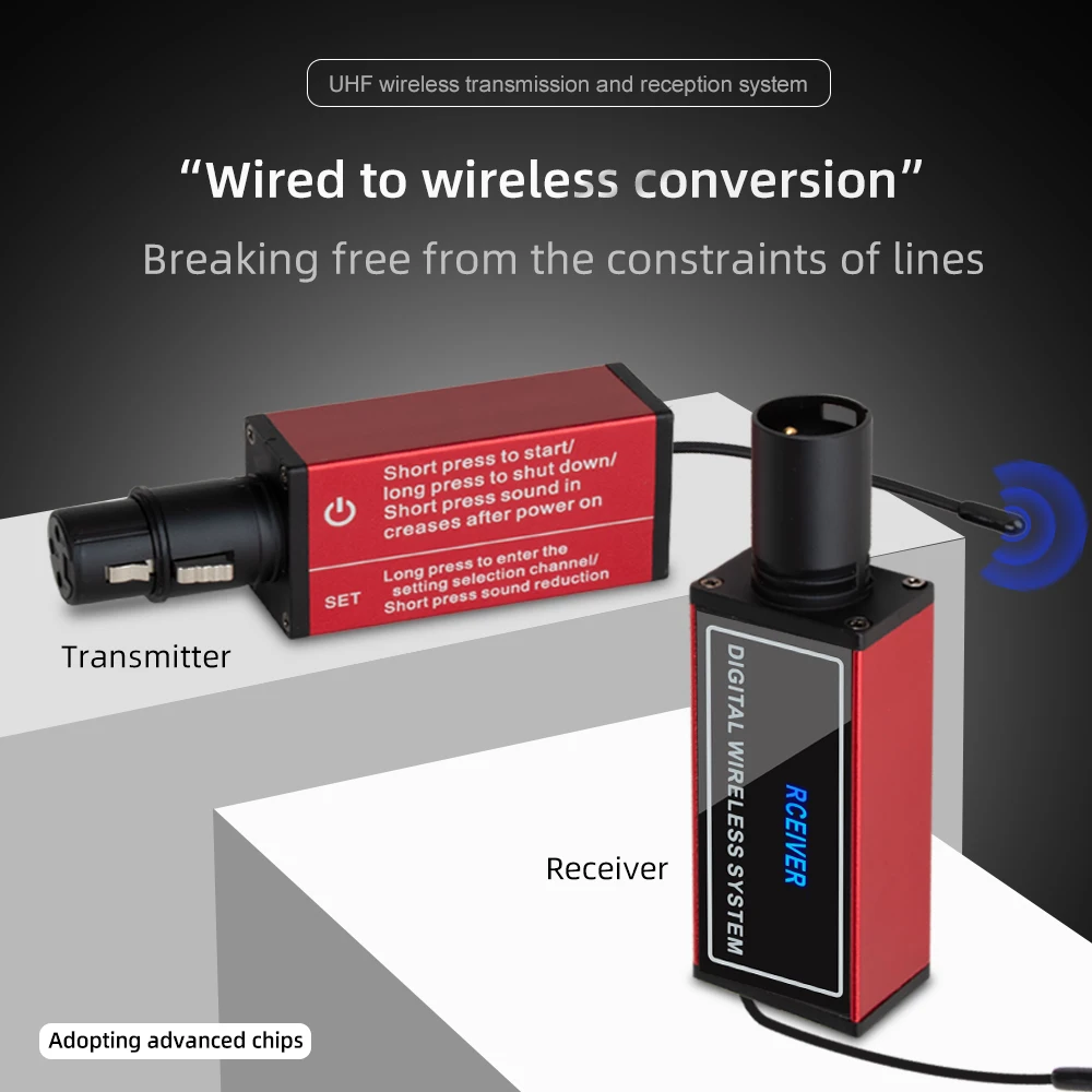 Professional wired to wireless conversion with XLR transmitter and receiver UHF wireless system supports simultaneous use of mul
