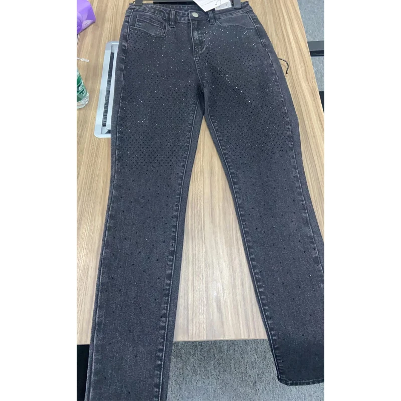 Womens High Rise Glitter Blue Denim Pants Rhinestone Embellished Slim Fit Jeans Front Sparkly Rhinestones Stud Jeans