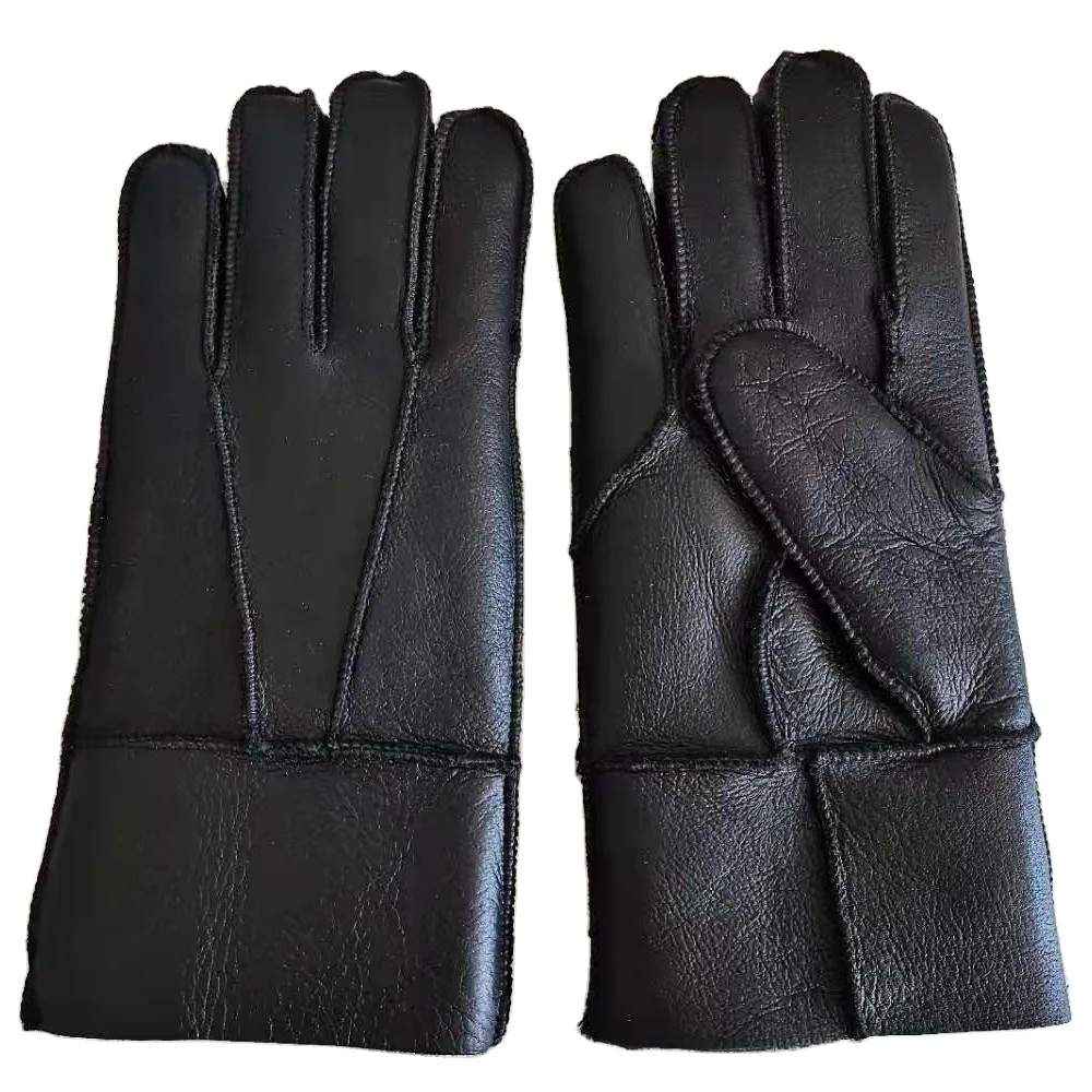 Manufacturer Cheap Genuine Leather Sheepskin Double Faced Men Women Winter Black Gloves