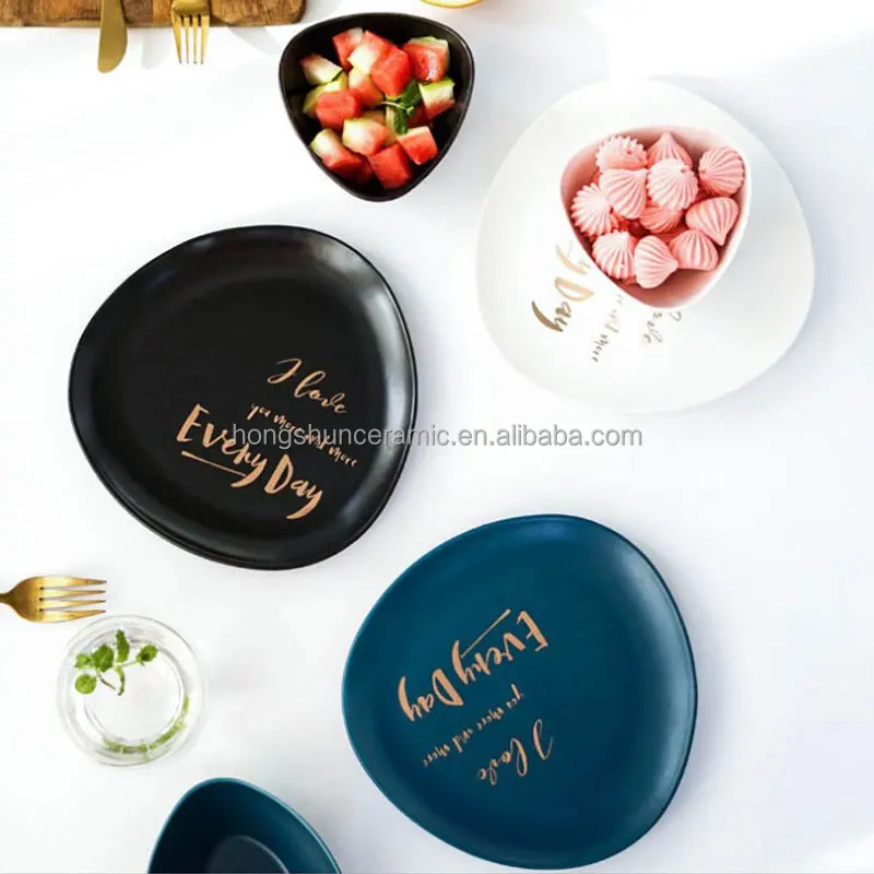 Nordic creative ceramic tableware with gold text western dishes matte gold triangle plate