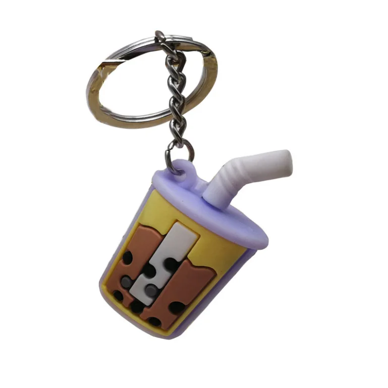 Cute Bubble Tea milk Pendant Keychains PVC Rubber Dolls Gifts Car Schoolbag Hamburger French fries popcorn keyring  Accessories