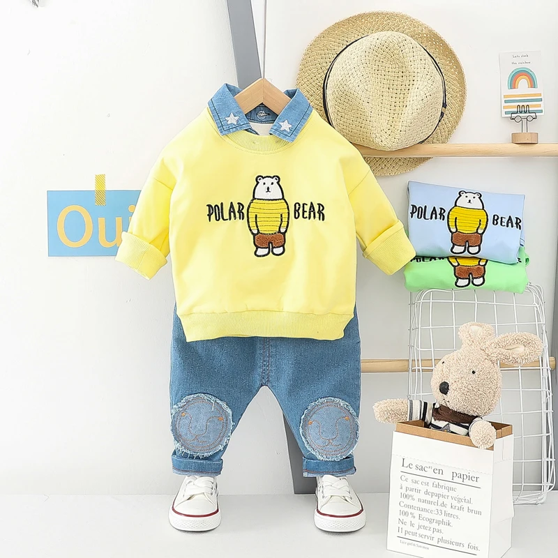 
2020 Comfortable spring bear cartoon cowboy collar two piece baby sets 