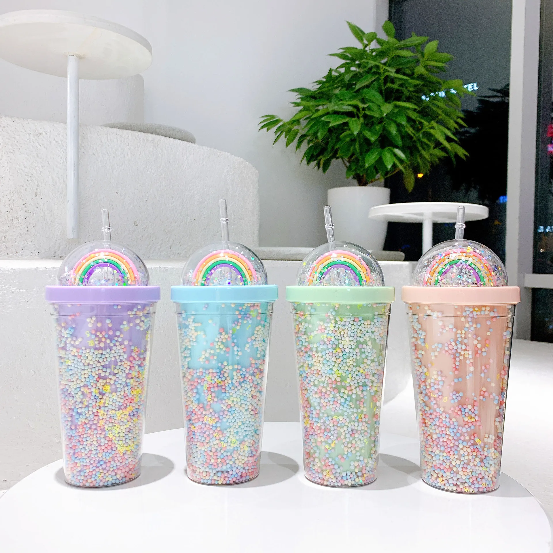Fashion creative custom logo double wall bpa free eco friendly  plastic cup with straws milk shake cup juice bottle (1600225319491)