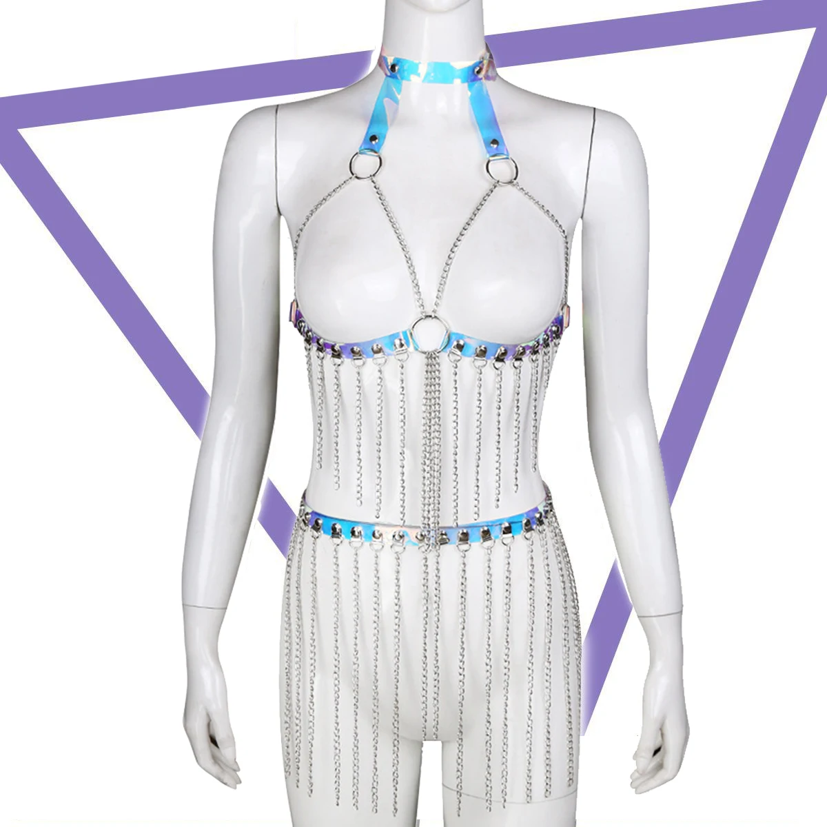 Women PU Leather stripper clothes Body Chain Harness Hollow Out Bra Garter Belts Set