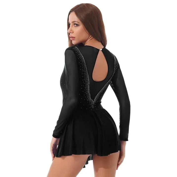 Figure skating dress long sleeves costumes women girls ice skating skirts latin dance dress black ladies dress