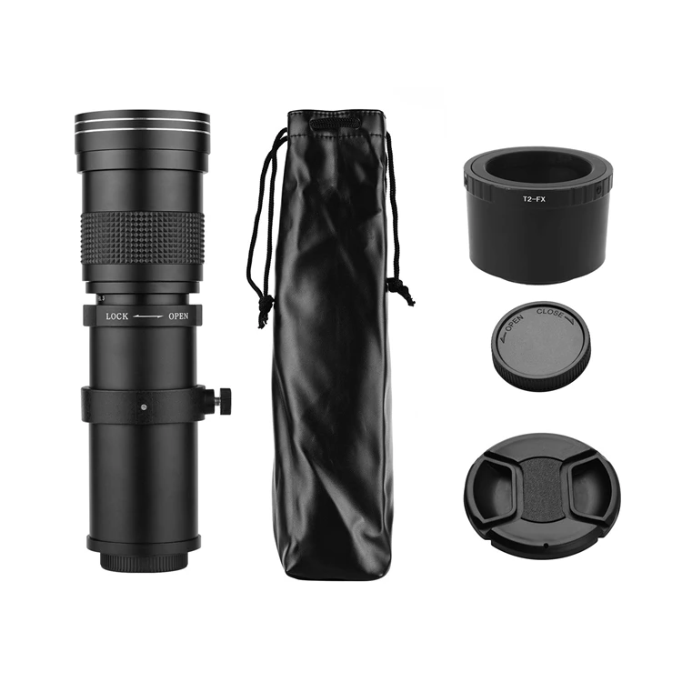 Black MF Super Telephoto Zoom Lens F/8.3-16 420-800mm T2 Mount with FX-mount Adapter Ring for Fujifilm X-Mount Cameras