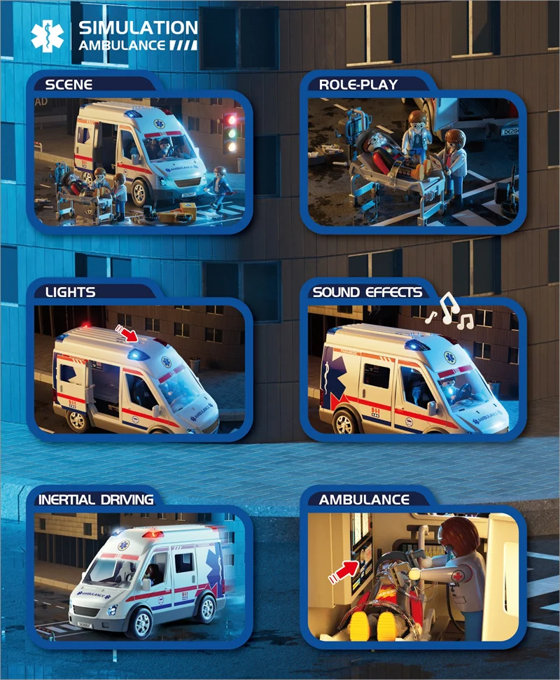 Simulation ambulance plastic car model and building block doll can open the door and light and sound
