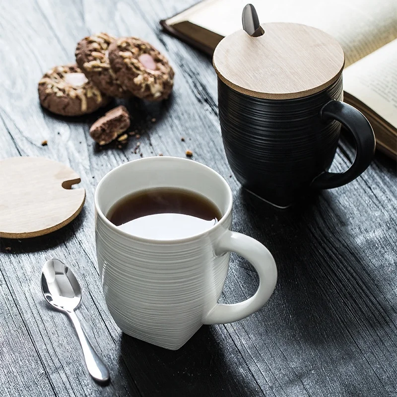 Nordic Style Porcelain Cheap Coffee Cup with Wood Lid Ceramic Pure White Black Modern  Coffee  Mug Packed Gift Box