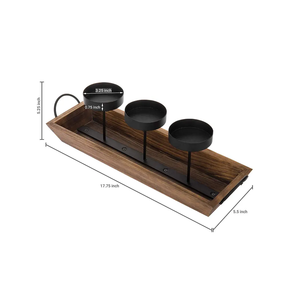 3-Pillar Black Metal Candle Holder with Rustic Wood Tray and Handles, Tabletop/Mantel Centerpiece